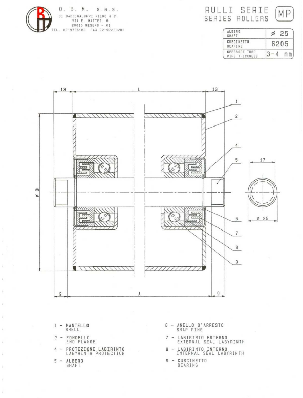 Disegno tecnico rulli Serie MP