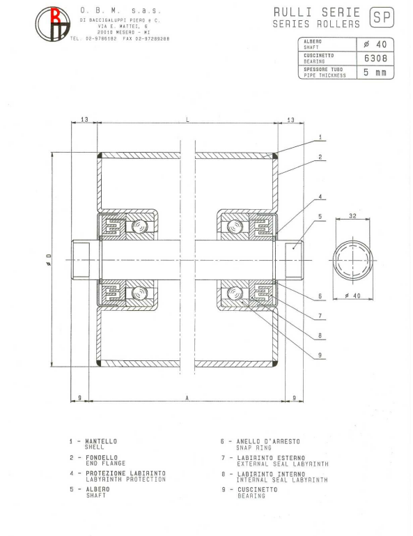 Disegno tecnico rulli Serie SP